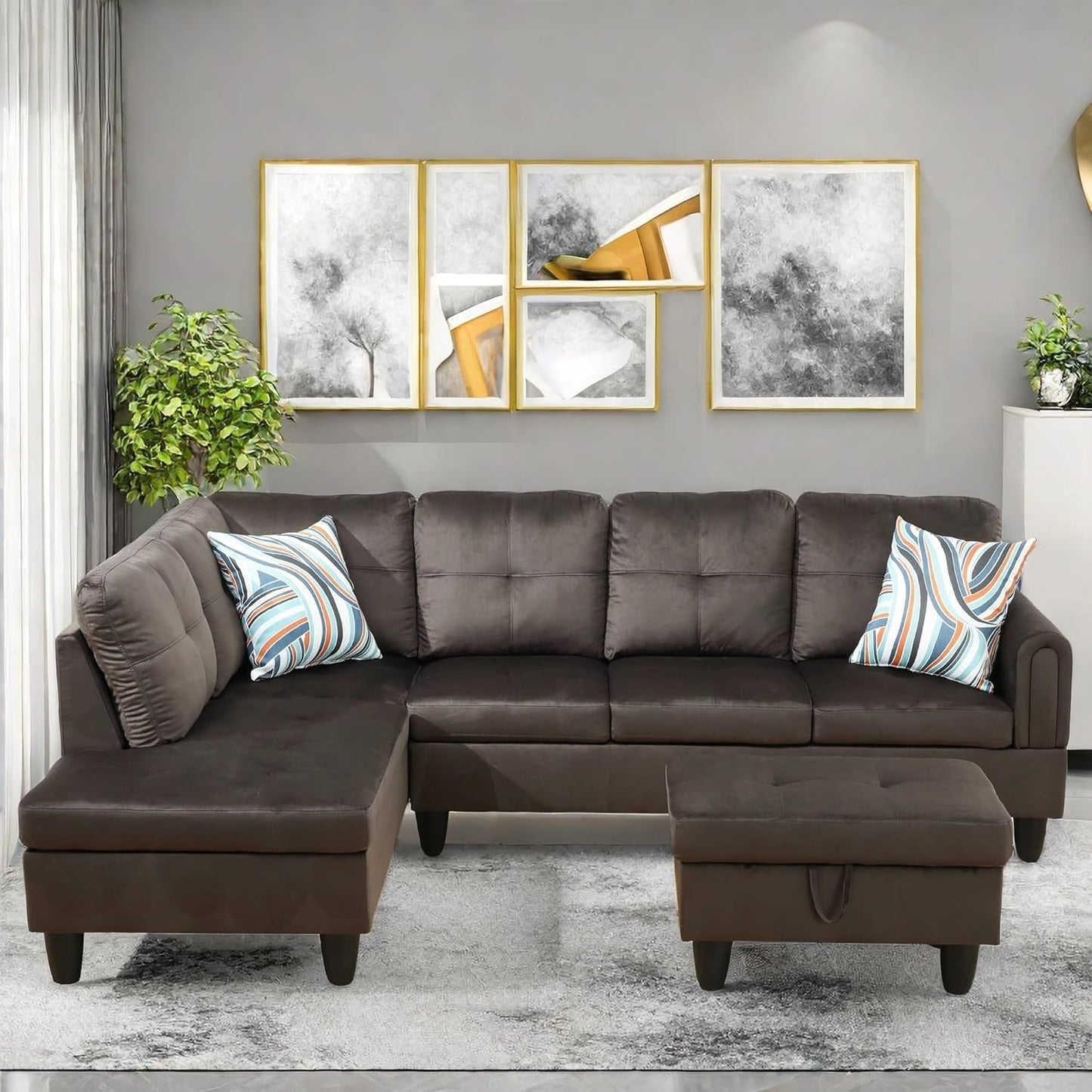 Convertible Sectional Couch, Large L Shaped Couch with Storage, Modern Modular 5-Seat Sectional Sofa with Ottomans for Living Room and Office, Dark Brown