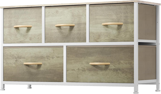 DWVO Wide Chest of Drawers, Dresser with 5 Drawers, Oak Grain Fabric Storage Tower, Dresser for Bedroom with 5 Drawers, Living Room, Closets - Sturdy Steel Frame, Wooden Top