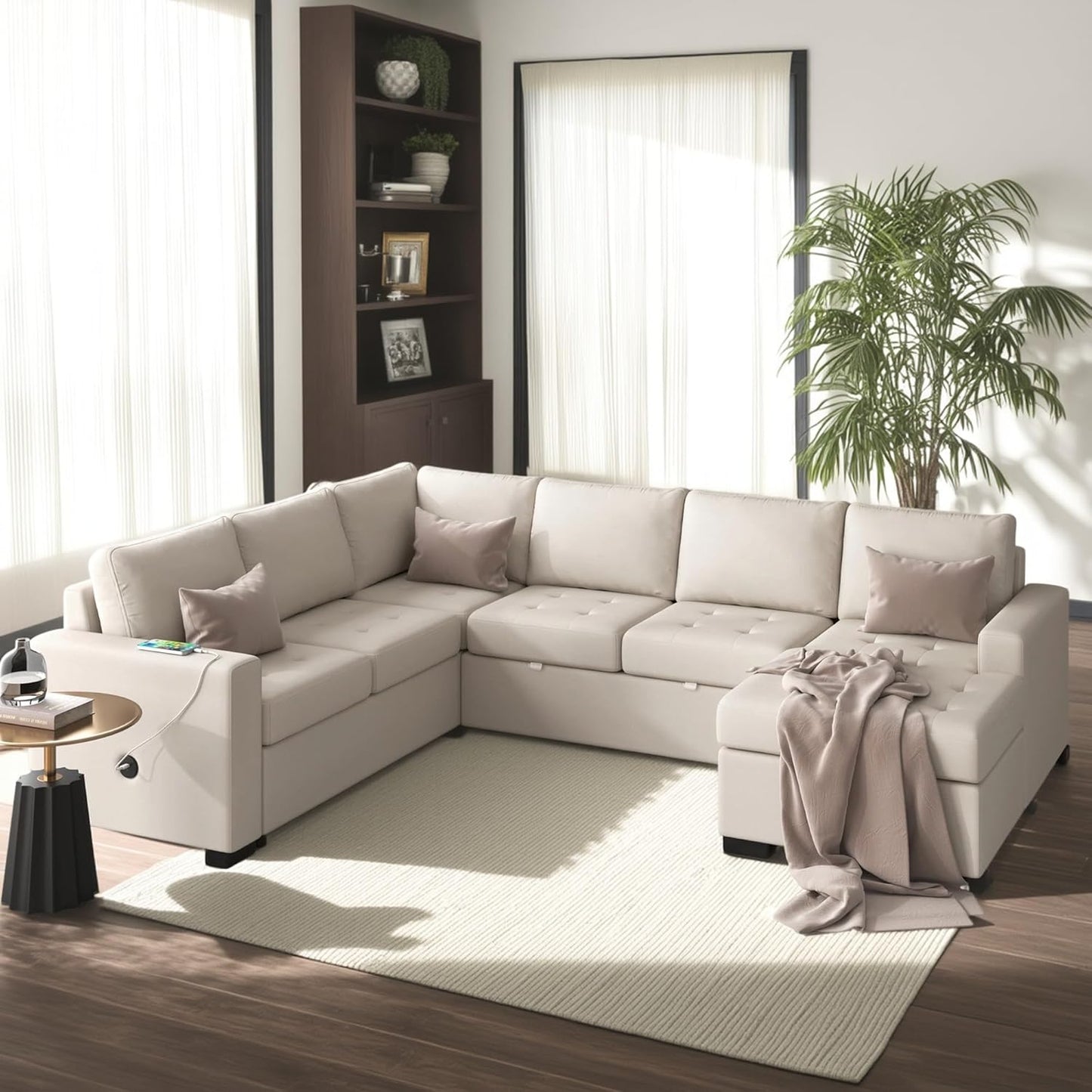 108.3 Inch Modular Sectional Sleeper Sofa with Pull-Out Bed and Lounge Chair, U-Shaped Combination Corner Couch w/USB & Type-C Interfaces, for Living Room Bedroom Office, Beige