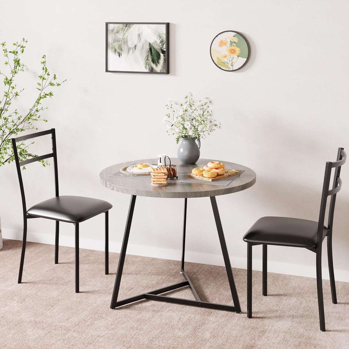 CABIHOME Dining Table Set for 2, Round Kitchen Table Set, Dining Table Set with 2 Upholstered Chairs, 3 Piece Kitchen Table Set for Small Space, Apartment, Retro Gray