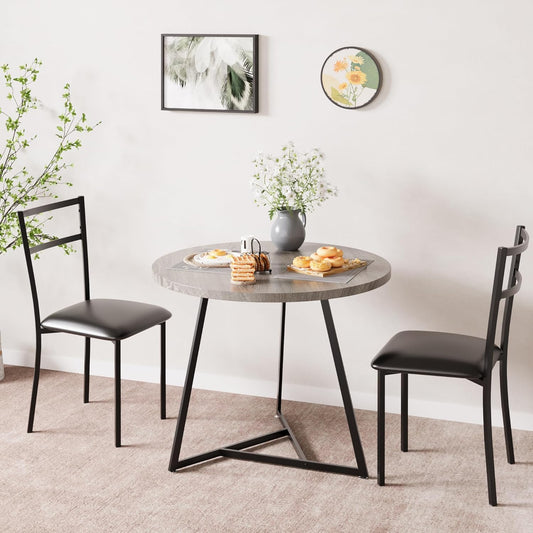 CABIHOME Dining Table Set for 2, Round Kitchen Table Set, Dining Table Set with 2 Upholstered Chairs, 3 Piece Kitchen Table Set for Small Space, Apartment, Retro Gray