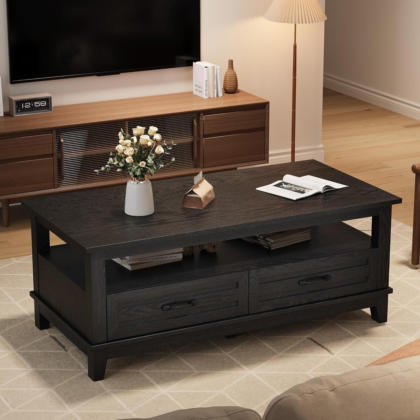 GarveeHome Farmhouse Coffee Table with Drawers, 47.2" Center Table Rustic Coffee Tables Black Living Room Table, with Open Shelf and 6 Support Legs
