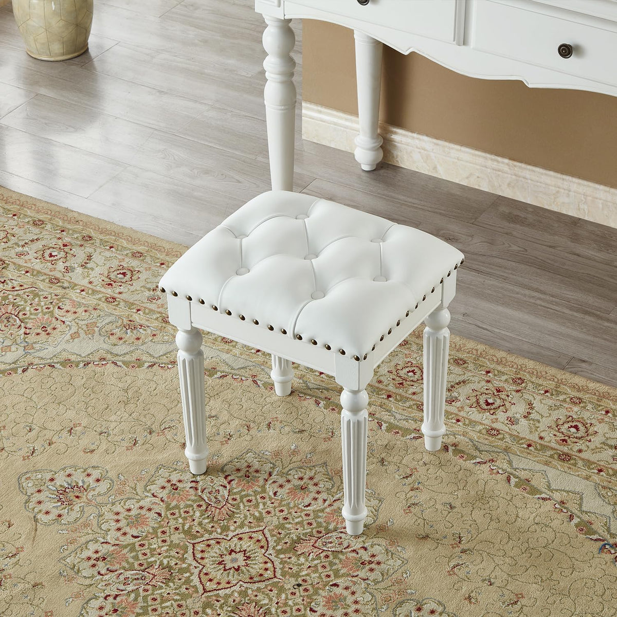 Vanity Bench Stool with Microfiber Leather Cushion, Vanity Chair Ottoman Dressing Stool with Solid Wood Legs for Bedroom, Makeup Room, Dressing Room (White)