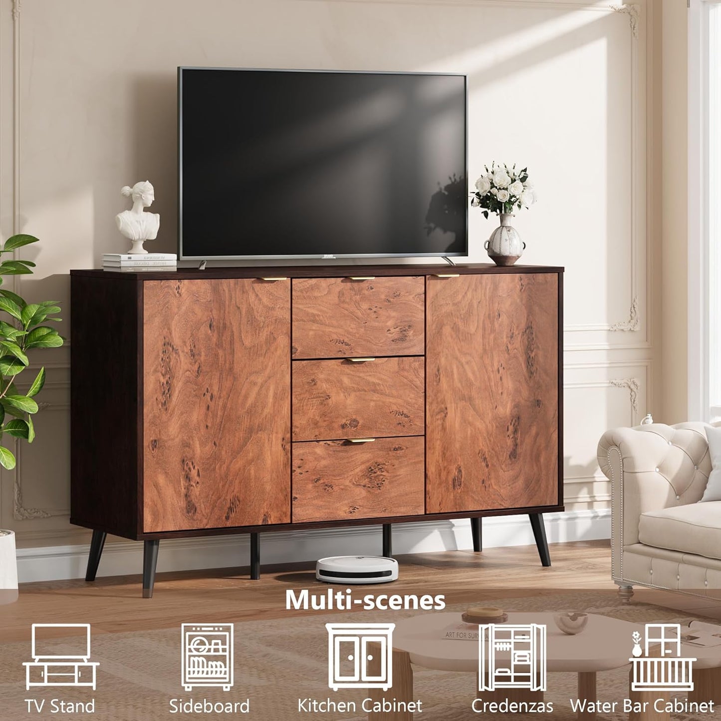 GarveeHome Buffet Cabinet with Drawers, 51.2'' Large Sideboard Buffet Credenza Storage Cabinet with Shelves and Doors, Coffee Station Cabinet with Metal Handle, Robot Vacuum Friendly (Walnut)