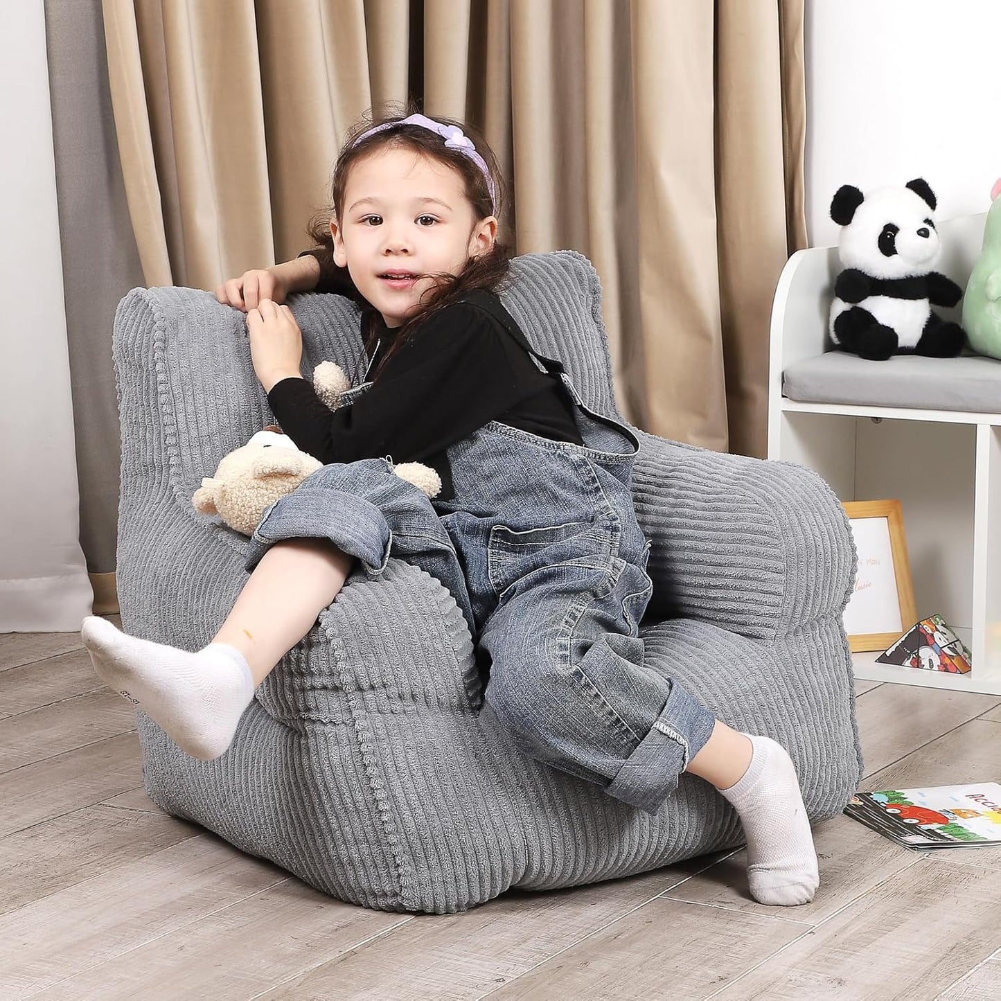 Kids Bean Bag Chair with a Plush Bear, Comfy Toddler Chair for Boys and Girls, Grey