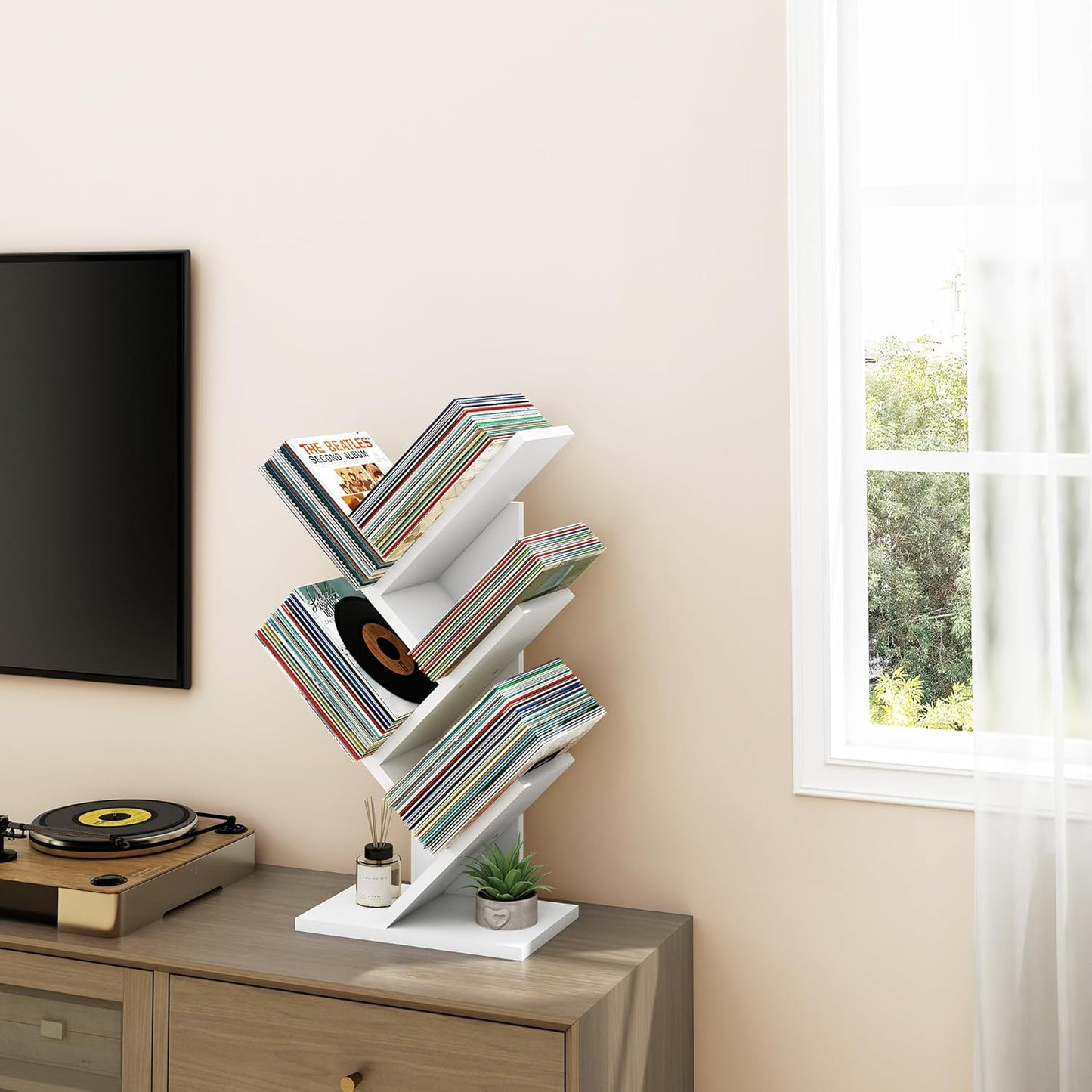 Hoctieon 4 Tier Tree Bookshelf, 4 Shelf Bookcase, Free Standing Tree Bookcase, Display Floor Standing Shelf for Books, Book Organizer Shelves for Home Office, Living Room, Bedroom, White