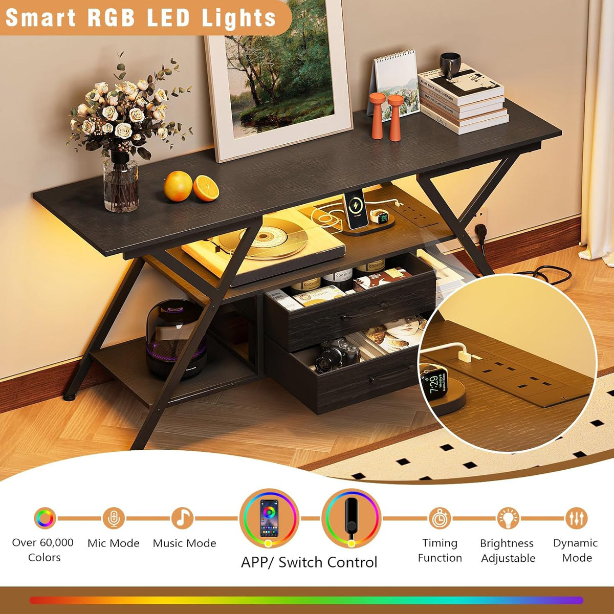 TV Stand with Power Outlet and LED Lights, Fits TVs up to 65”, 2 Fabric Drawers Entertainment Center with Open Storage Shelves, Media Console for Living Room, Bedroom (Charcoal Black)