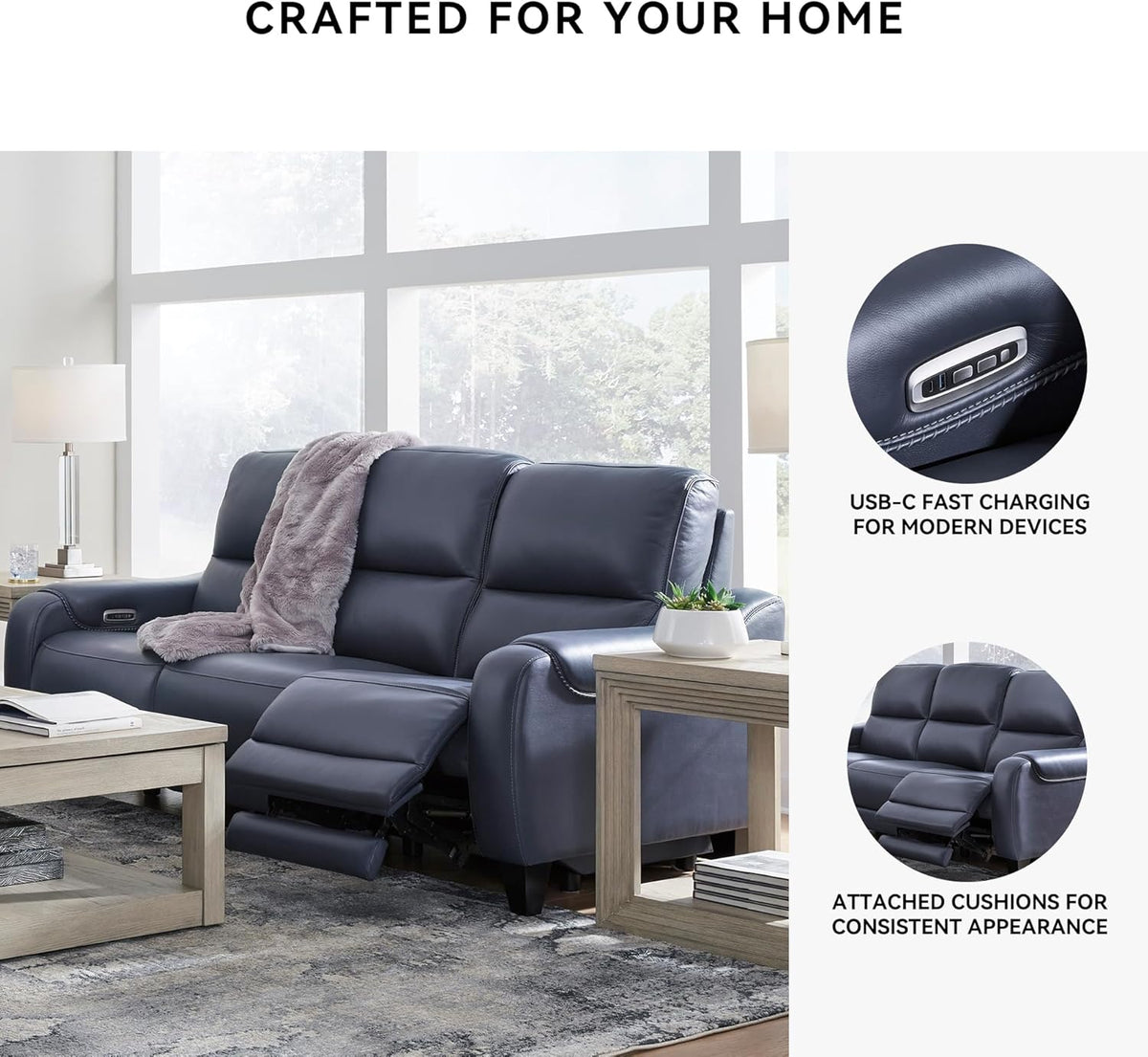 Signature Design by Ashley Mercomatic Contemporary Leather Match Wall Hugger Power Reclining Sofa with Adjustable Headrest and USB Ports, Blue
