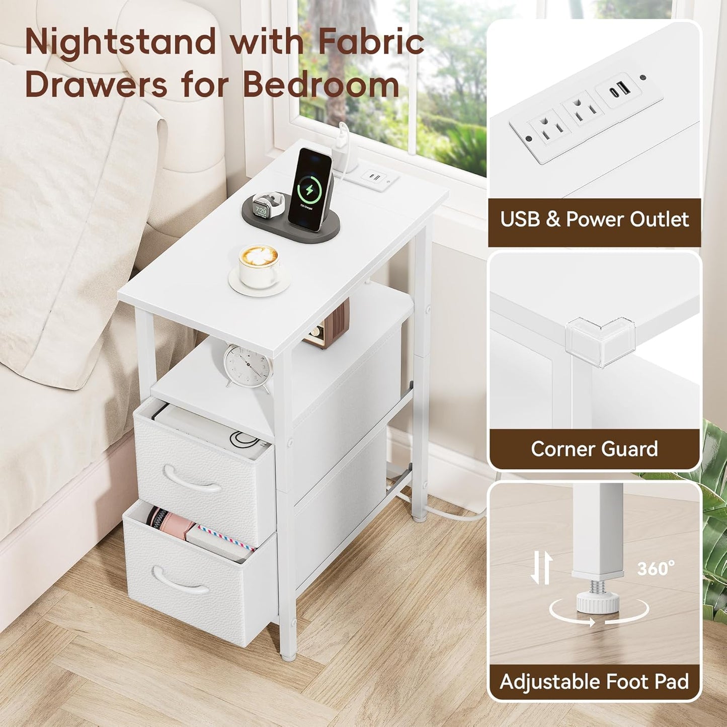 Vagusicc Set of 2 White Nightstand with Charging Station and LED Lights, Narrow Side Table, LED Night Stand with 2 Fabric Drawers, Bedside Table Small End Table, Tall Nightstand for Bedroom, White