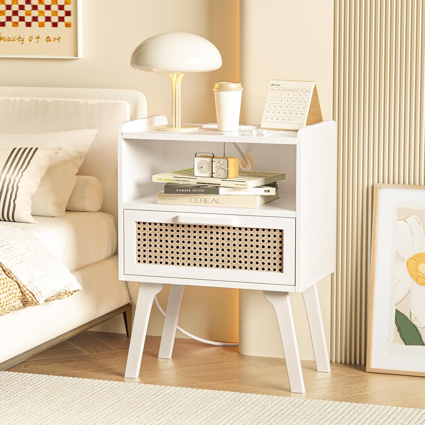 Lerliuo Rattan Nightstands Set of 2 with Charging Station, White Bedside Table with Drawer Open Shelf, Cane Accent Side End Table with Solid Wood Legs, Night Stand for Bedroom, Dorm and Small Spaces
