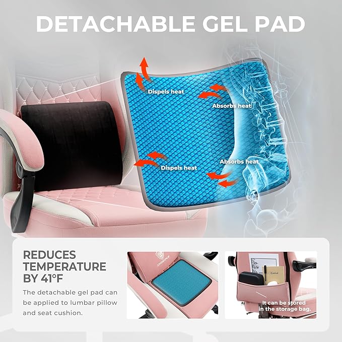 Dowinx Gaming Chair Breathable Fabric Game Chair with Gel Pad and Storage Bag, Comfortable Gamer Chair with Pocket Spring Cushion, Ergonomic Computer Chair with Footrest, Pink