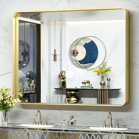 TokeShimi 48x40 Inch Brushed Gold Bathroom Vanity Mirror for Wall with Non-Rusting Aluminum Alloy Metal Frame Rounded Corner for Farmhouse Modern Home Decor (Horizontal/Vertical)