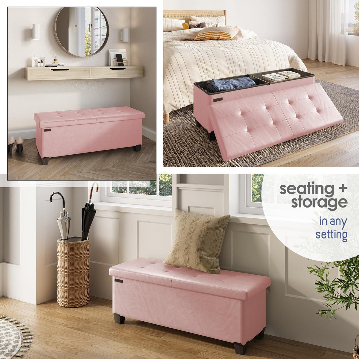 STORAGEBUD Storage Ottoman Bench with Bins, 43-in Storage Bench for Bedroom End of Bed, Folding Foot Rest Ottoman for Living Room Max 660lbs, Faux Leather Ottomans, Pink