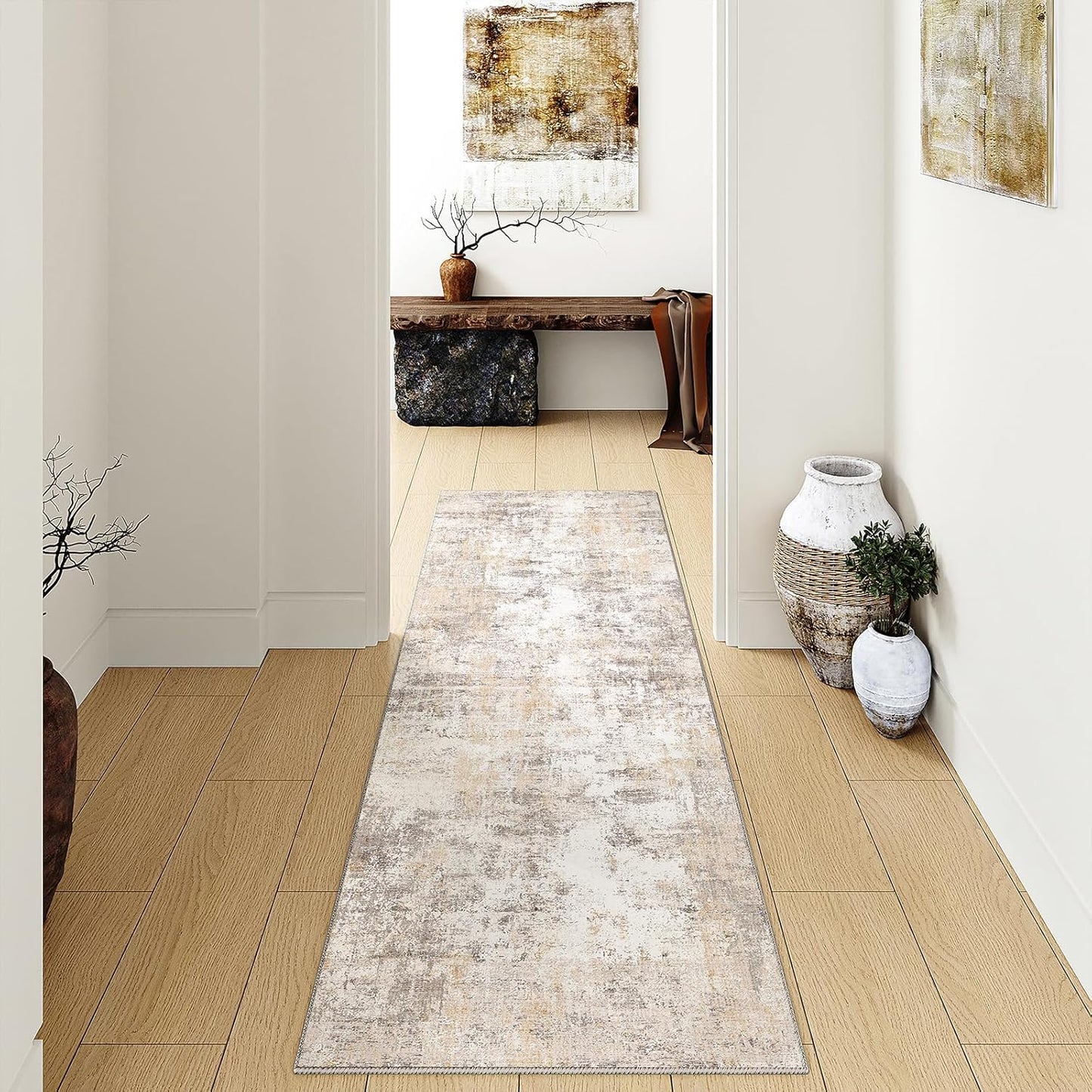 3x7 Washable Runner Rug Beige Grey Neutral Abstract Hallway Kitchen Living Room Bedroom Non Slip Throw Rug Soft Low Pile Indoor Carpet for Entrance Laundry Bathroom