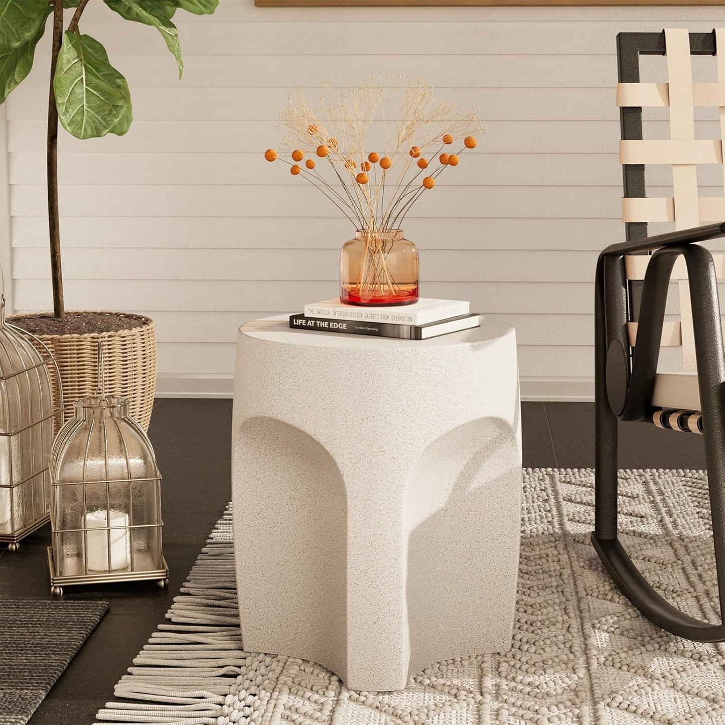 COSIEST Concrete Side Table Drum Shape,17''H Outdoor Side Table, Patio Accent Table Cement End Tables, Garden Decorative Stool, Plant Stand Drum Table, Spotted White