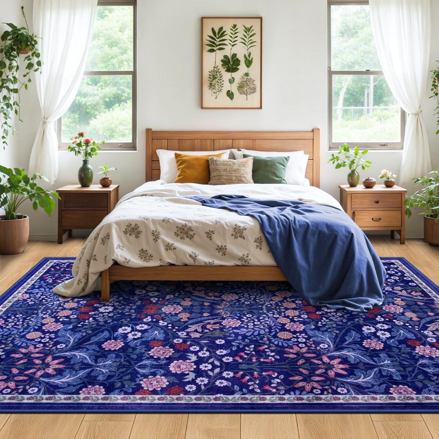 Area Rug Living Room Rugs: Floral 4x6 Washable Rug Vintage Soft Boho Non-Slip Carpet Indoor Floor Stain Resistant Large Carpets for Bedroom Dining Room Farmhouse Nursery Hallway Home Office Blue