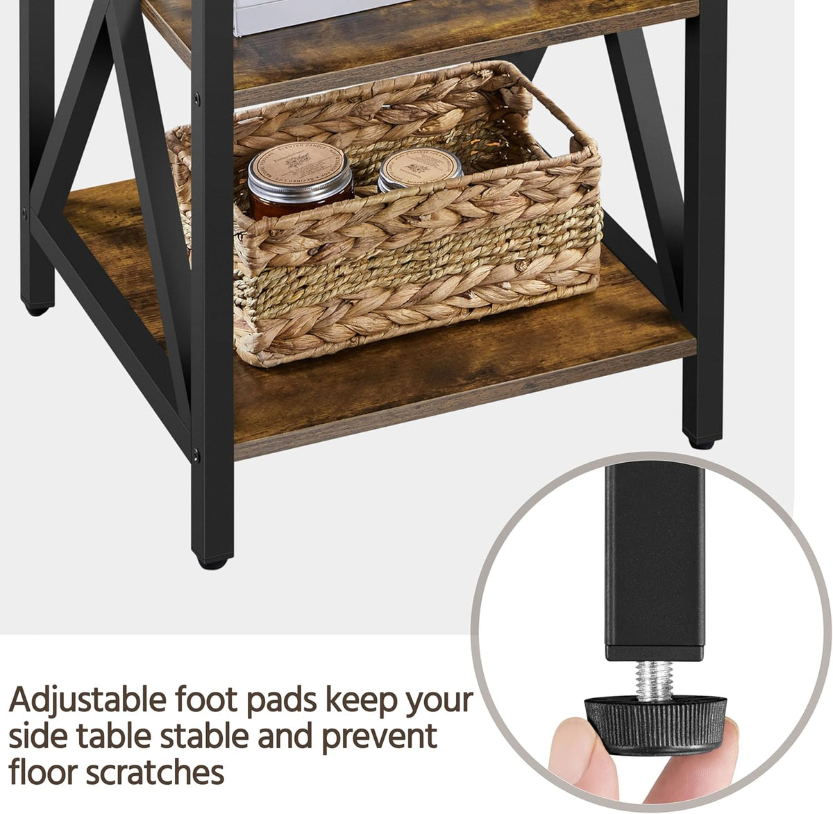 Yaheetech Industrial End Tables, 3-Tier Side Tables with Storage Shelves for Living Room, X Design Sofa Tables, Strong Metal Frame, Easy Assembly, Rustic Brown