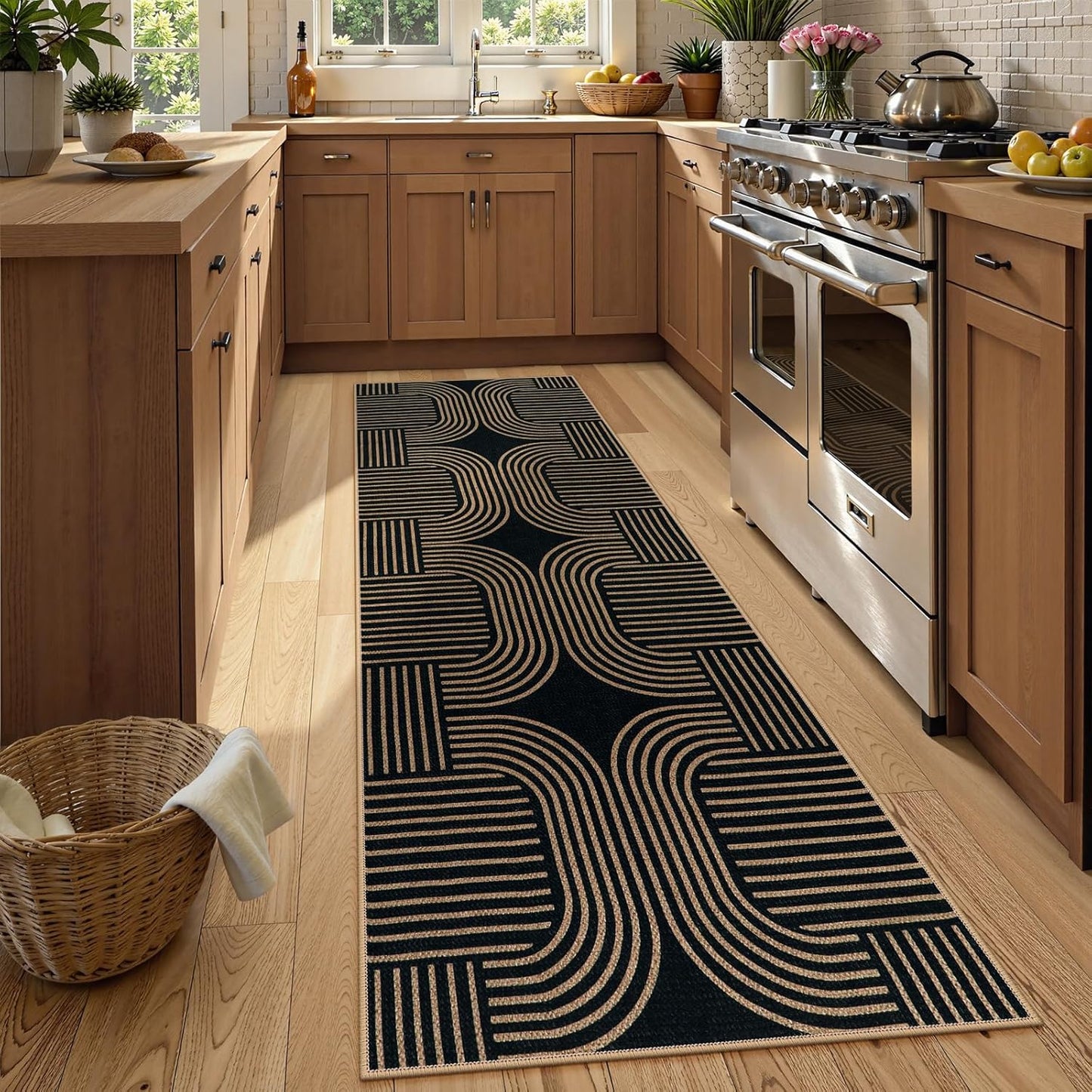 Lahome Modern Geometric Black Runner Rug, 2x8 Indoor Outdoor Hallway Kitchen Runner Rug with Rubber Backing, Farmhouse Washable Non Slip Non Shedding Floor Carpet for Bedroom Entry Patio