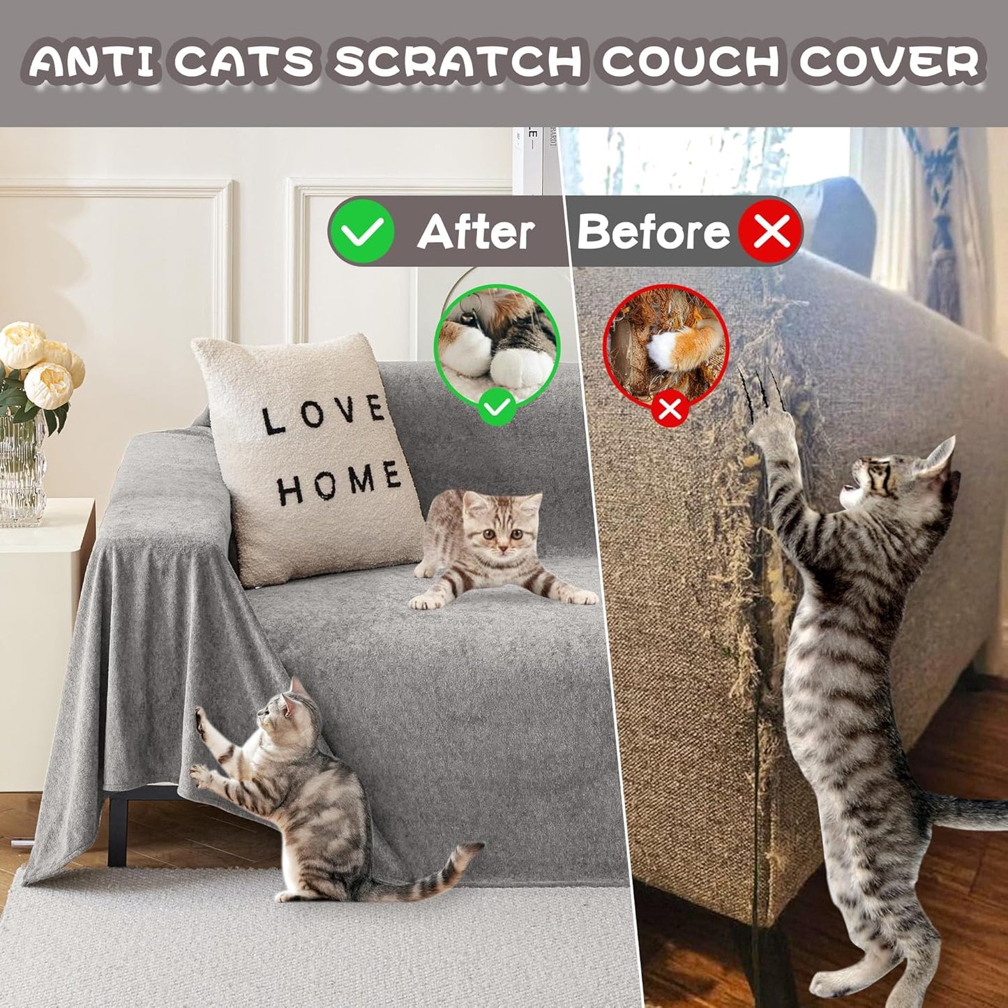MYSKY HOME Couch Cover Sofa Cover for 2 Cushion Couch, Non-Slip Soft Sofa Slipcover Protector, Sofa Covers Washable, Couch Covers for Sectional Sofa, Sofa Towel for Pet Cat Dog, 71" x 118", Grey