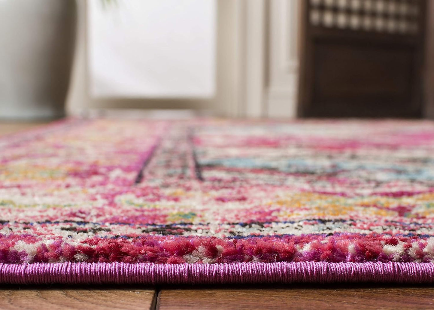 SAFAVIEH Monaco Collection Area Rug - 8' Square, Pink & Multi, Boho Chic Medallion Distressed Design, Non-Shedding & Easy Care, Ideal for High Traffic Areas in Living Room, Bedroom (MNC243D)