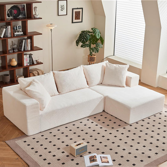 Modular Sectional Sofa, 108" L-Shaped Boneless Couch with Deep Seat, Corduroy Cloud Couch for Living Room, Bedroom, No Assembly Required, Ship in a Box, Beige