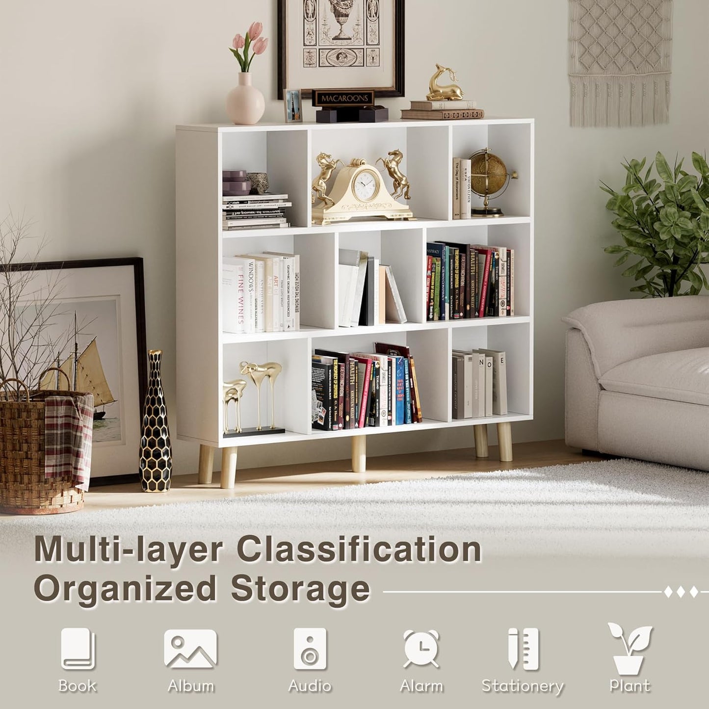 YESHOMY 9 White Cube Bookcase, Open Frame 3-Tier Book Shelf, Bookshelf Storage Organizer with Feet & Anti-Tilt Device for Organization, Room Decor