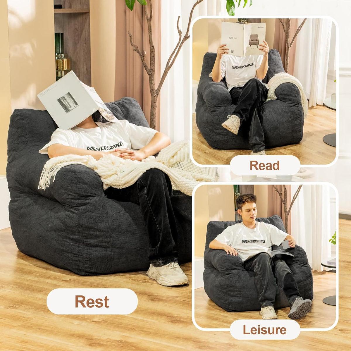 Bean Bag Chairs for Adults Ergonomic Support Reading Floor Sofa Chair with Filler Spacious (Grey) (Large)
