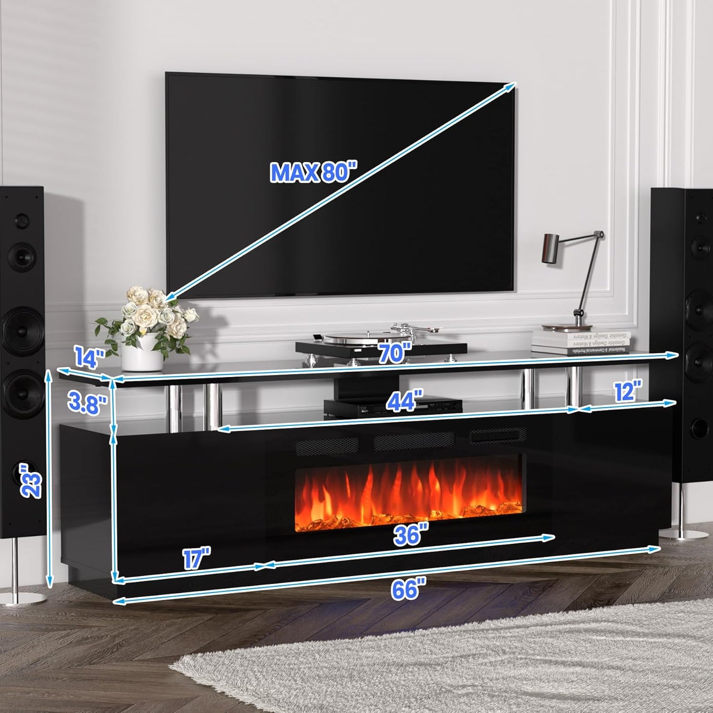 70'' Fireplace TV Stand with 36'' Firplace, Entertainment Center, 2 Tier TV Console Cabinet with Storage Cabinet, Electric Fireplace Heater with 12 Frame and LED Light Colors, Black