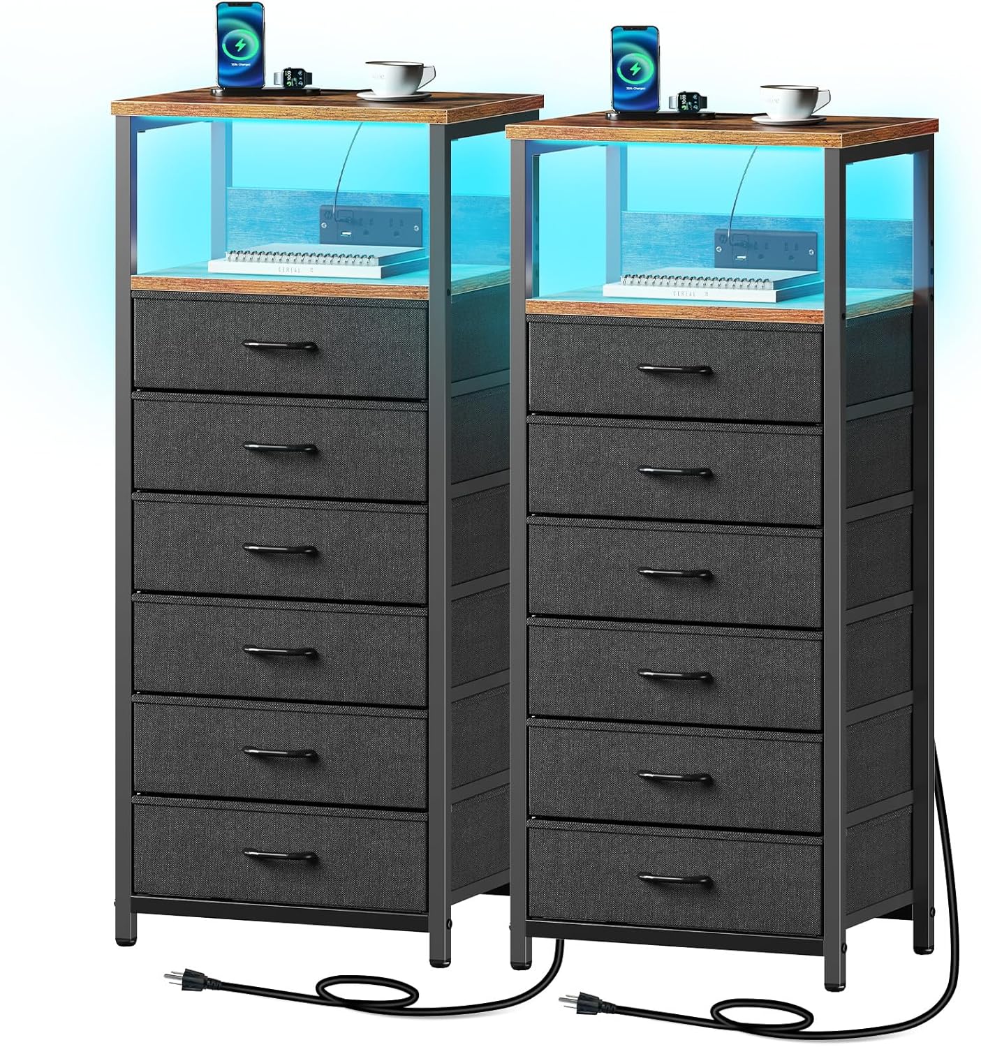 Seventable Night Stand with Charging Station, Tall Nightstand with 6 Fabric Storage Drawers, Side Table with LED Light for Bedroom, Entryway, Rustic Brown, Set of 2