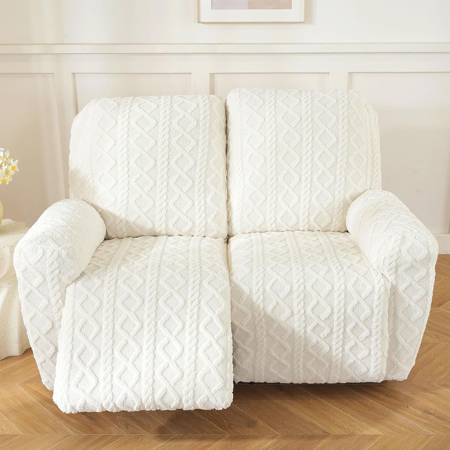 vctops 6 Pieces Geometric Jacquard Plush Recliner Loveseat Slipcovers Soft Fuzzy Fluffy Sofa Couch Cover Anti-Slip Furniture Protector with Elastic Bottom for Kids Cats Dogs(Cream,2 Seat)