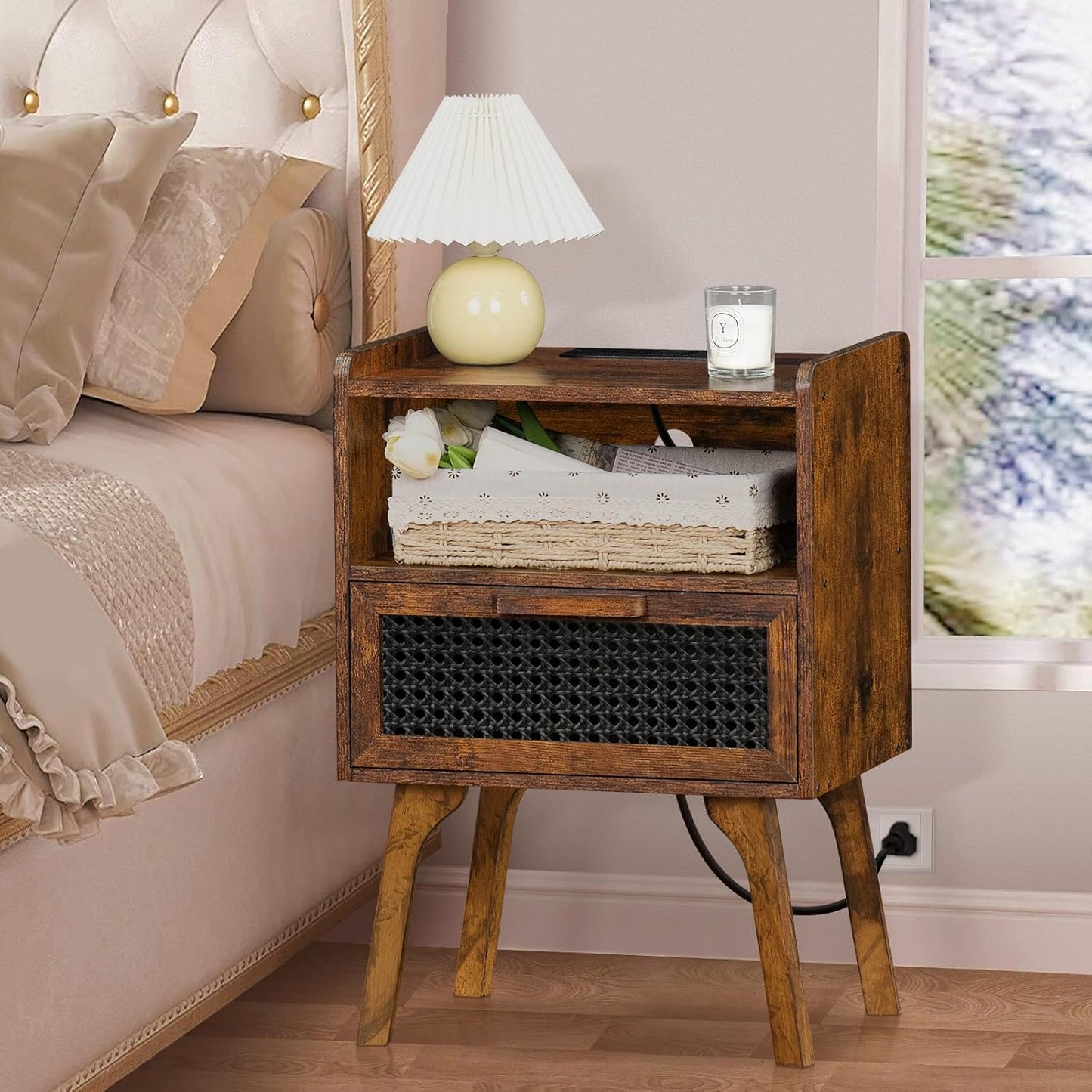 Lerliuo Rattan Nightstands Set of 2 with Charging Station, Boho Side Table with Drawer Open Shelf, Cane Accent Bedside End Table with Solid Wood Legs for Bedroom, Dorm and Small Spaces (Brown)