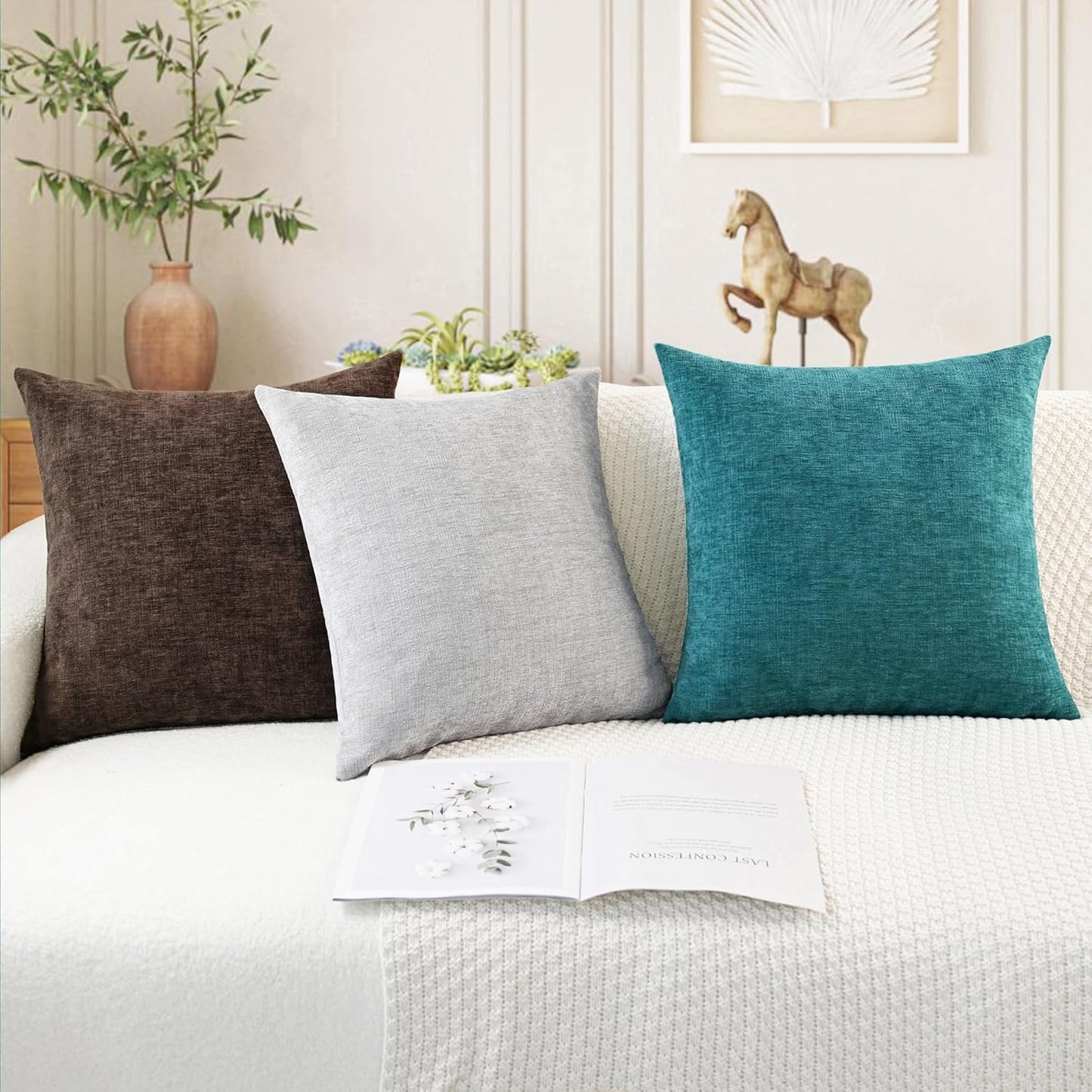 CaliTime Throw Pillow Covers Decorative 24 X 24 Inches Pack of 2 Cozy Chenille Cushion Cases for Couch Sofa Bed Living Room Home Teal