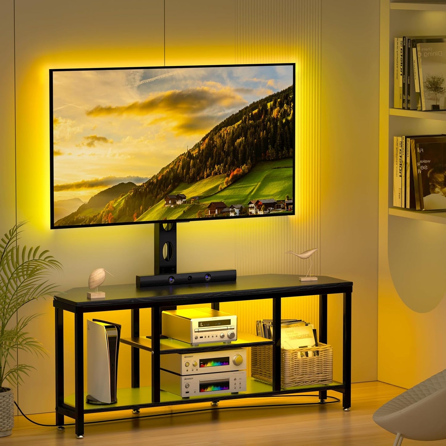 Corner TV Stand with Mount LED - Universal TV Mount Stand for 32-65" TV, Height Adjustable Swivel TV Console Wood & Steel Entertainment Center with Mount, Cabinet, Power Outlet, Colorful Light, Black