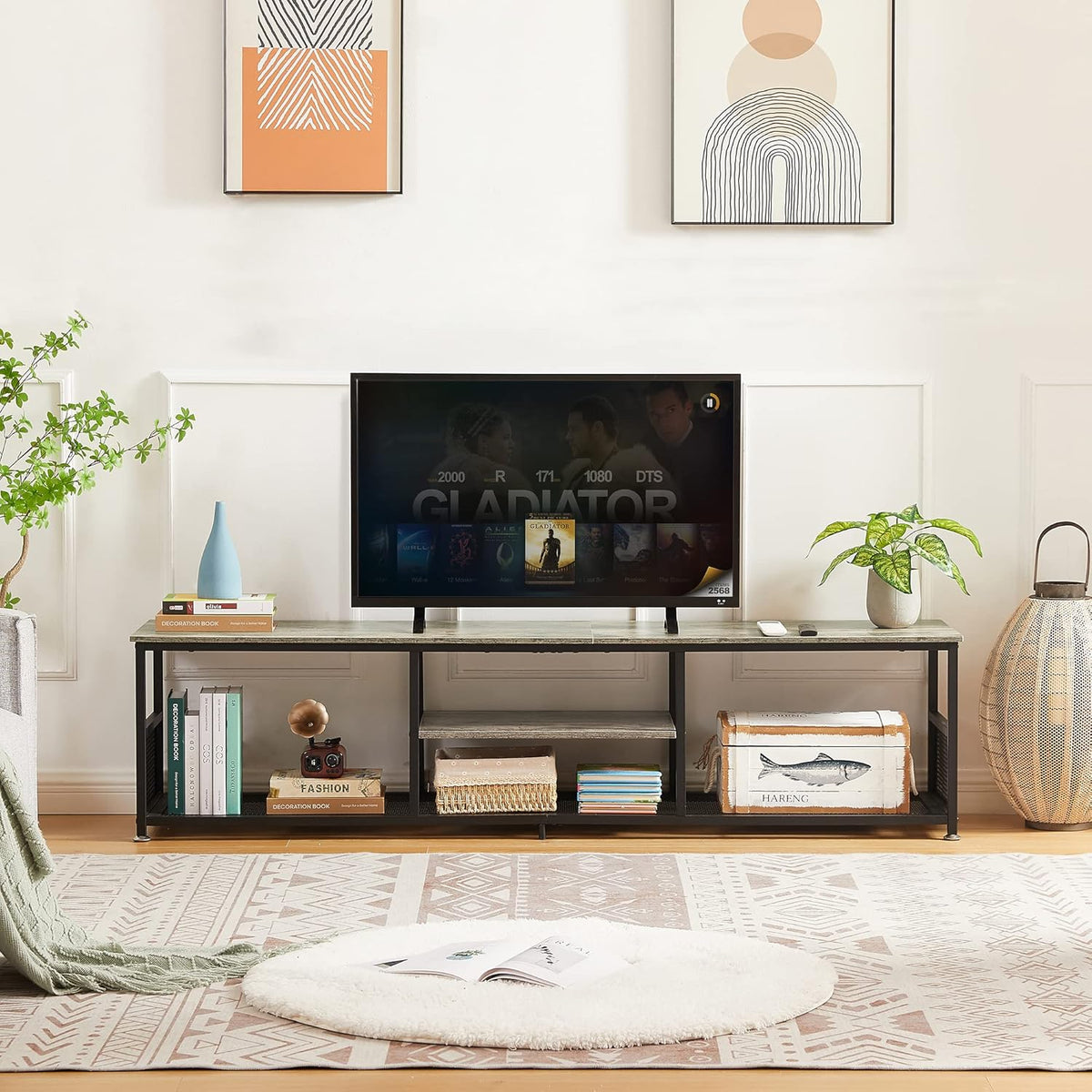 VECELO Industrial TV Stand for Televisions up to 80 Inch, 70" Entertainment Center with Open Storage Shelves for Living Room/Bedroom, 3 Tiers Media Console Table with Metal Frame, Grey, 70 Inches