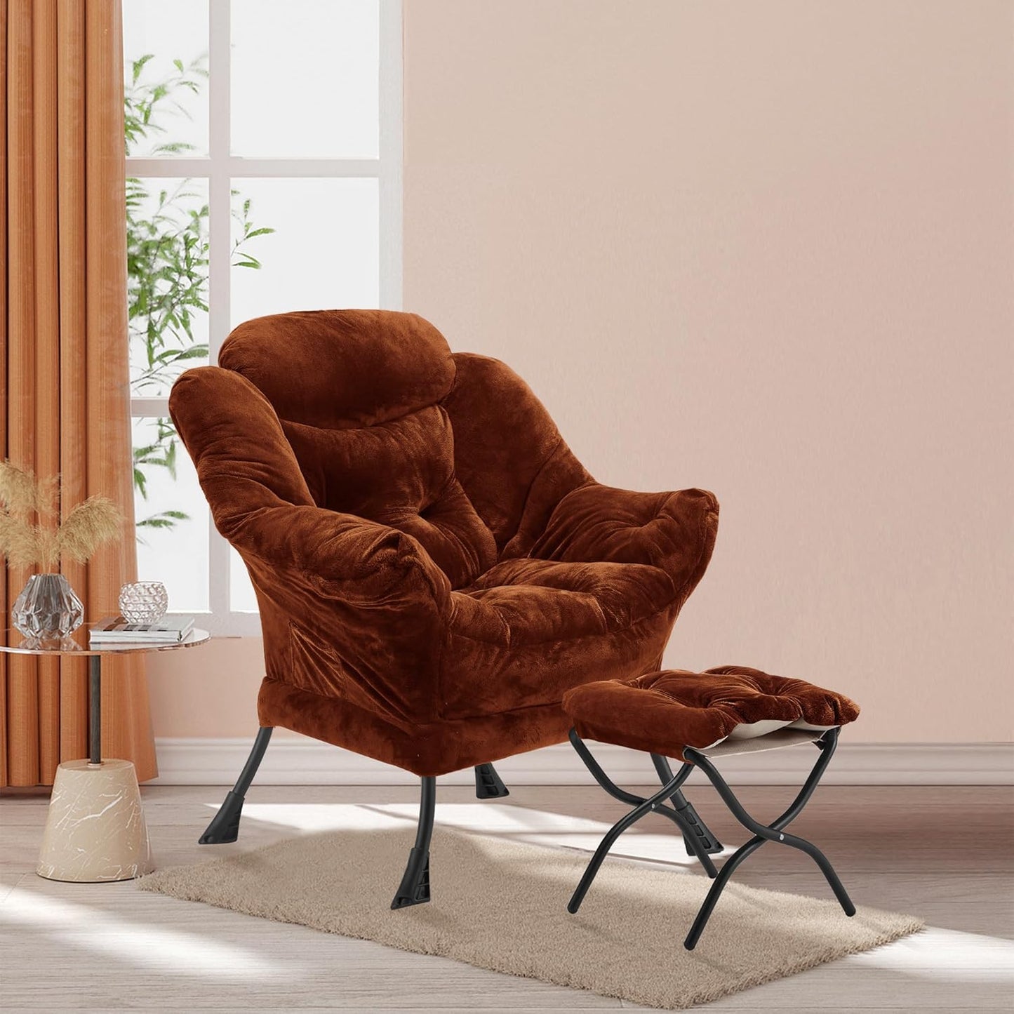 Lazy Chair with Folding Ottoman, Accent Chair Plush Upholstered with Metal Structure and Non-Slip Pads, Sofa Armchair with Footrest and Side Storage Bag for Dorm, Room, Office, Brown