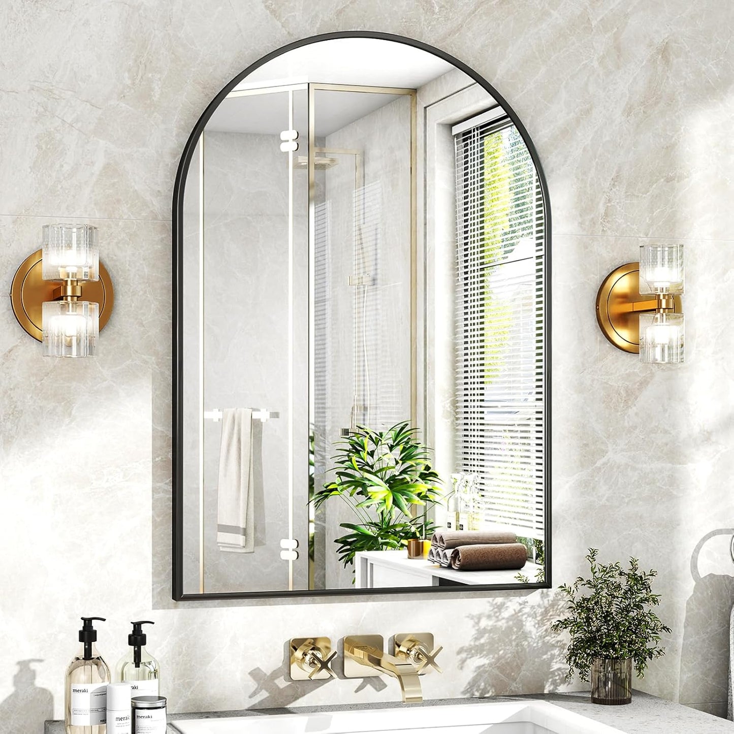 26"x38" Arched Wall Mirror for Bathroom, Black Vanity Mirror for Bedroom, Living Room, Entryway, Decorative Hanging Mirror for Wall