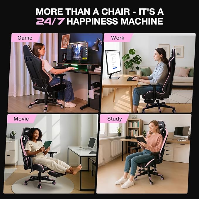 Douxlife 7-Point Massage Gaming Chair, 175° Gaming Recliner with Footrest Ergonomic Computer Office Chair High Back Video Game Chair with Lumbar Support, Upgraded Version, Black and Pink