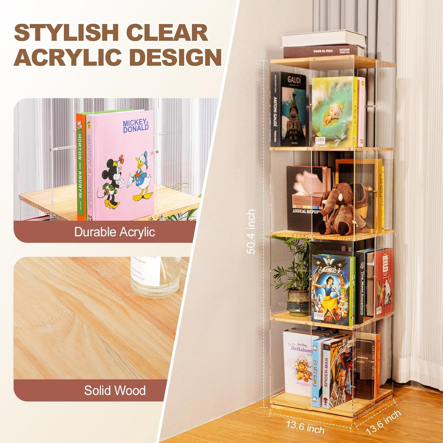 Rotating Bookshelf, 360 Degree Revolving Bookcase, 4-Tier Spinning Bookshelf, Clear Acrylic & Solid Wood Rotating Bookcase for Kid’s Playroom, Bedroom and Living Room, Square