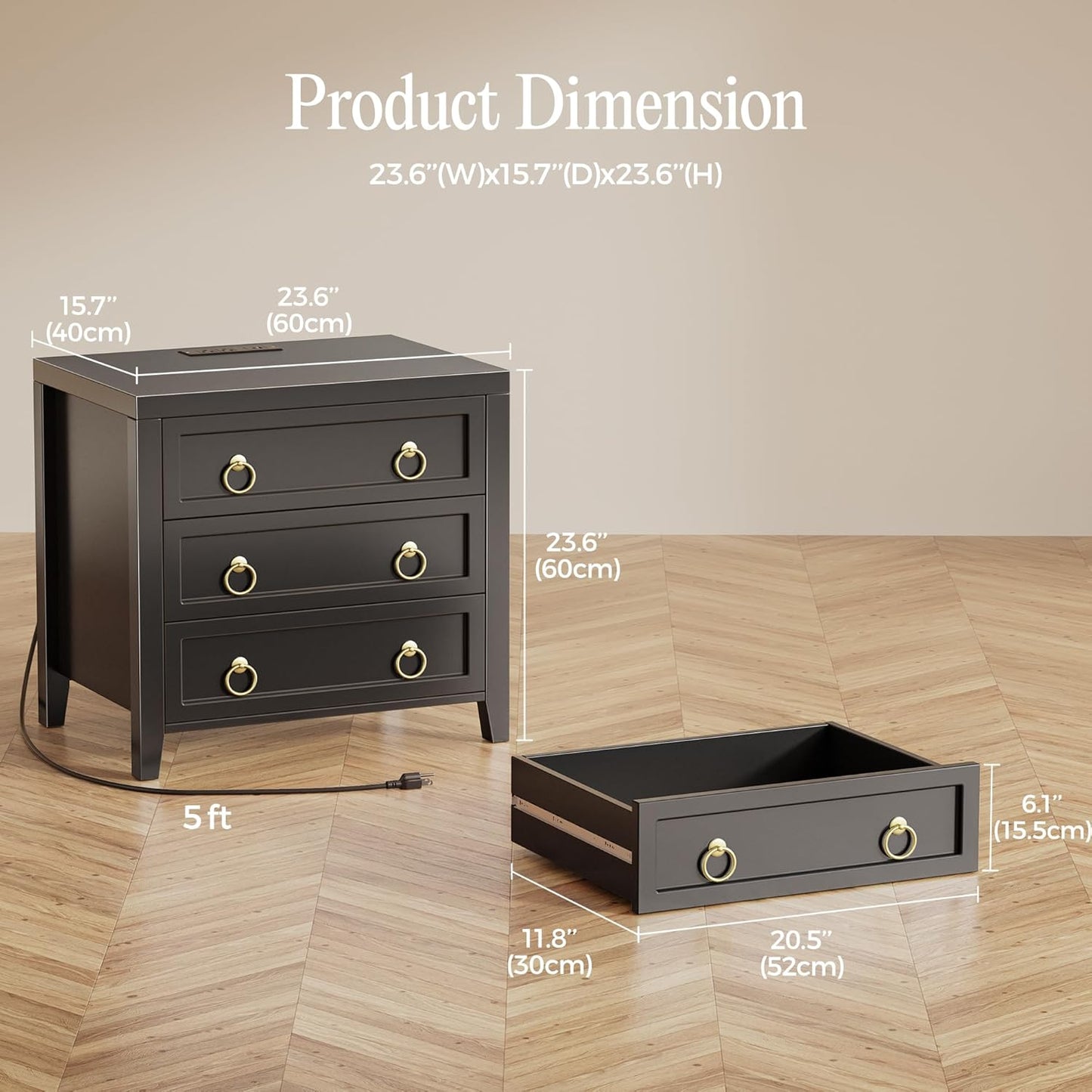 Huuger 23.6 Inch Night Stand with Charger Station and USB-C Port, 3 Drawer Nightstands Set of 2, Larger Wider Bedside Table, Modern End Table, for Bedroom, Black Nightstand