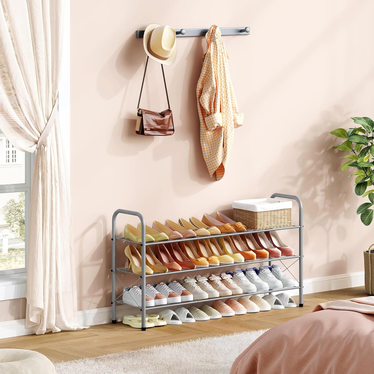 Hoctieon 3 Tier Mesh Style Shoe Rack, Entryway Shoe Shelf, Shoe Storage Organizer, Shoe Rack for Closet, Space Save for Bathroom, Garage, Hallway, Bedroom, Living Room, Grey