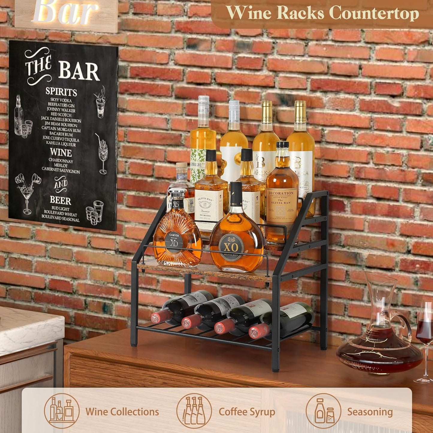 VINAEMO Wine Racks Countertop, 3-Tier Liquor Bottle Display Shelf, Coffee Syrup Organizer, Small Wine Rack, Wine Bottle Holder for Whiskey Bar, Retro Bar Shelves for Home Bar