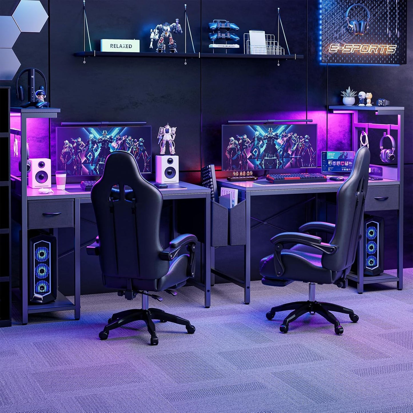 Gaming Desk 55 Inch with Power Outlet and LED Light, Computer Desk with Reversible Shelves and Storage Drawer, Pc Small Desk for Home Office Table with Bag, Carbon Fiber Grey