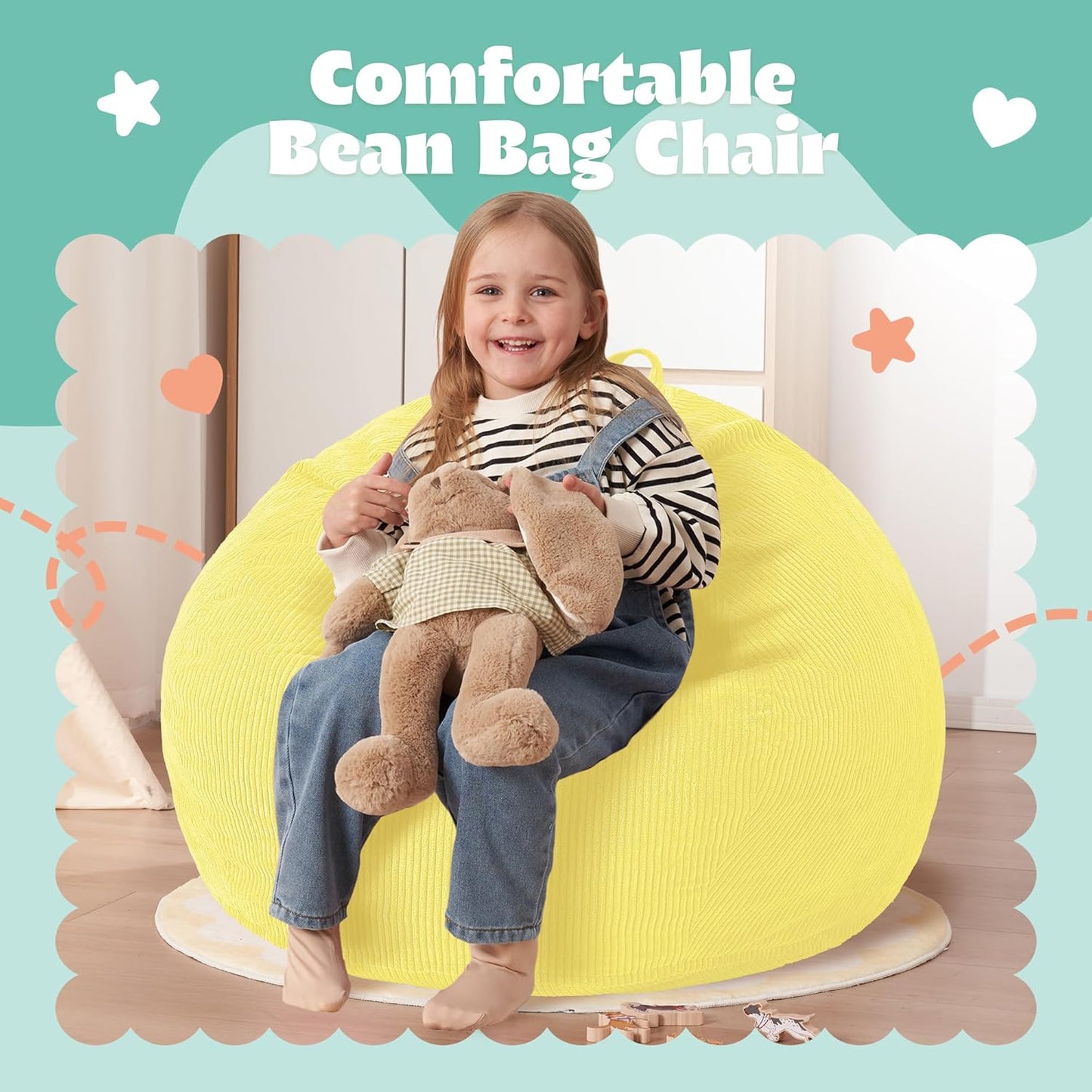 HABUTWAY 2 FT Bean Bag Chair,Giant Bean Bag Chairs,Big Bean Bags with Memory Foam Filled, Large Beanbag Chairs with Soft Corduroy Cover-Yellow