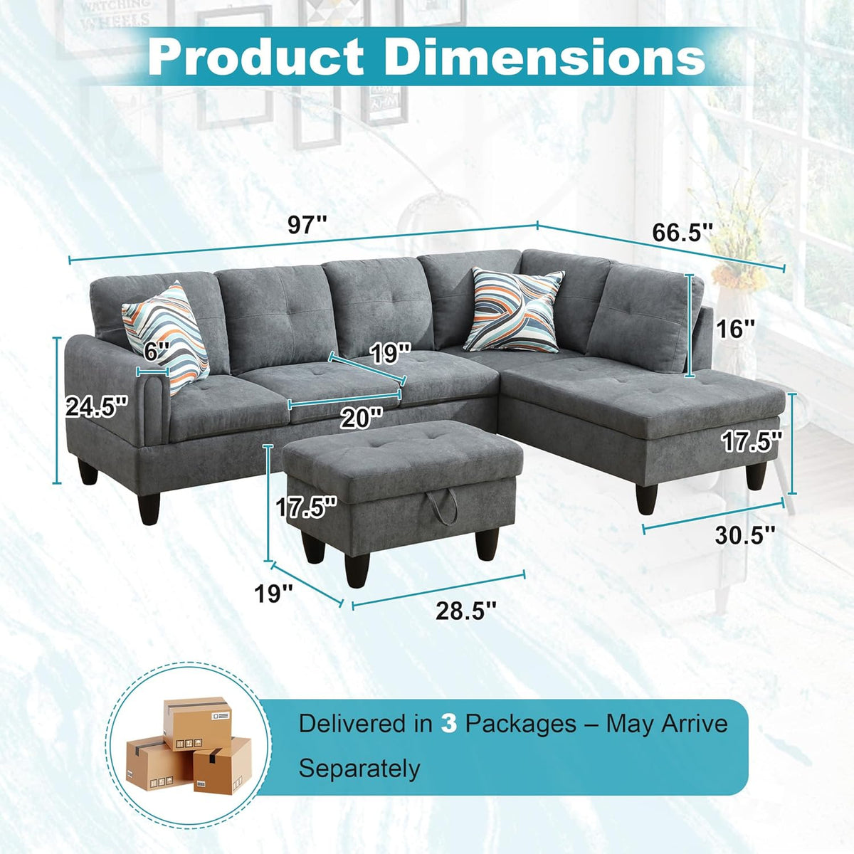 97" Oversized Sectional Couch, L Shaped Couch with Storage Ottoman, Modern Modular Sofa with Deep Seat, Sectional Couches for Living Room and Office, Dark Grey (Fluffy Fabric)