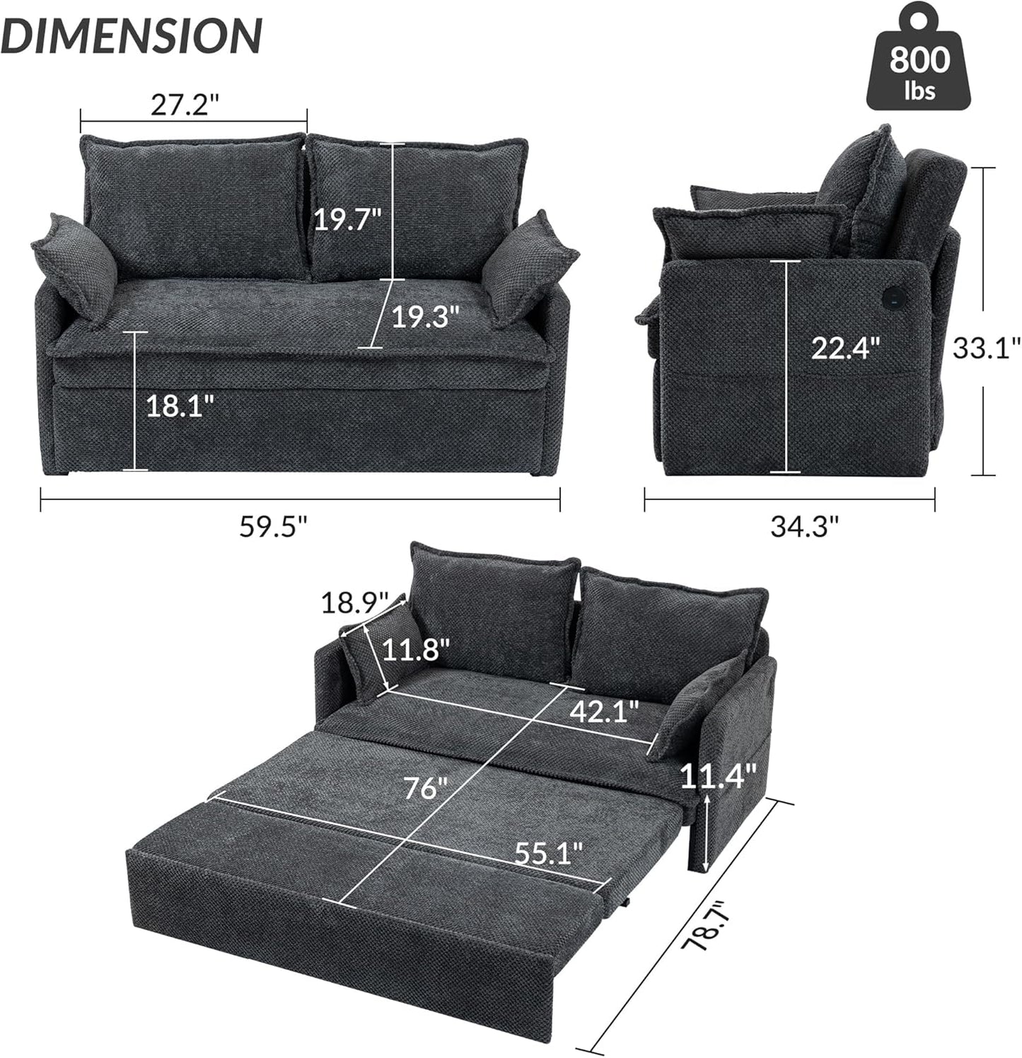 Furnimart 59.5" Queen Size Pull Out Sofa Bed, 3 in 1 Convertible Sleeper Bed with USB/C-Type Charging Ports & Side Pockets, Modern Futon Couch for Living Room, Apartment, RV, Corduroy Dark Grey