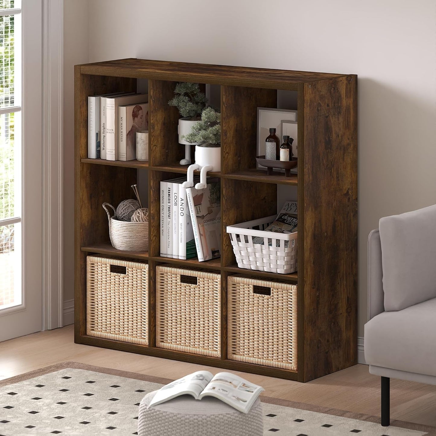 Furinno Cubicle Open Back Decorative Cube Storage Organizer, 9-Cube, Amber Pine