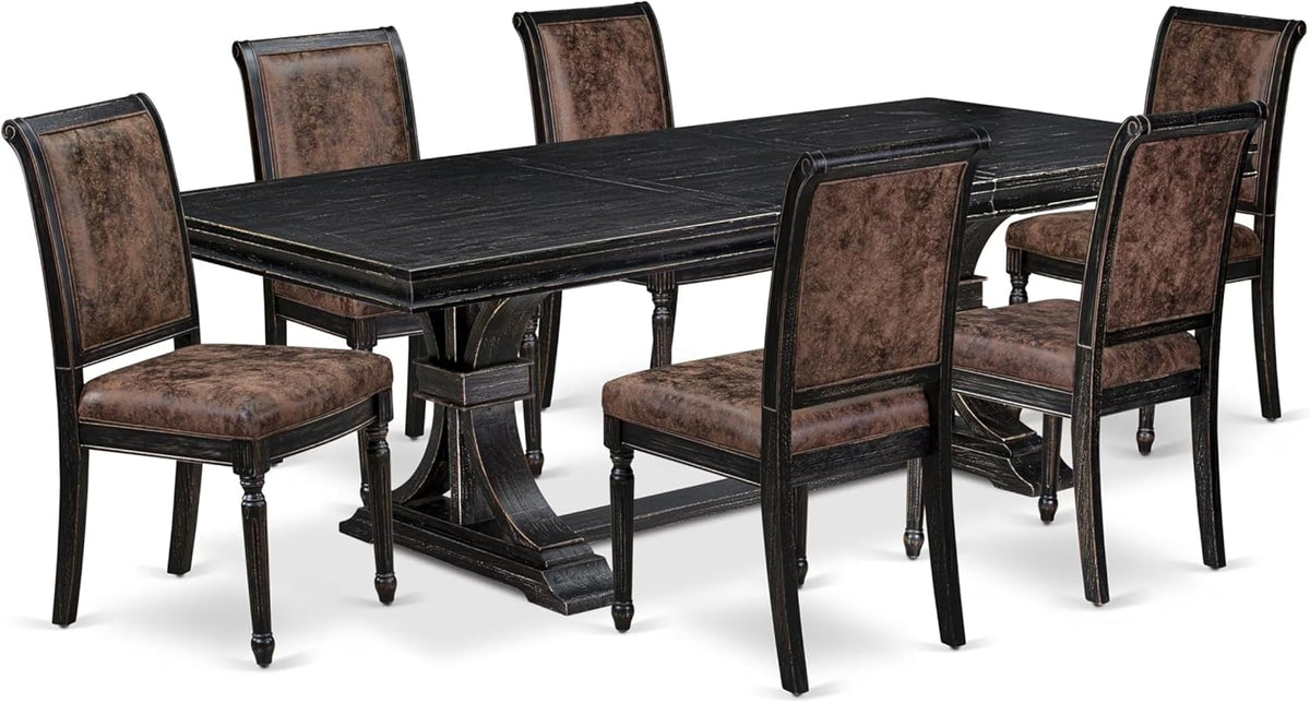 LECY7-SBB-33 7-Piece Modern Dining Table Set Includes a Kitchen Table and 6 Brown Textured Polyester Fabric Dinner Chairs with High Back - Sand Blasting Black Finish