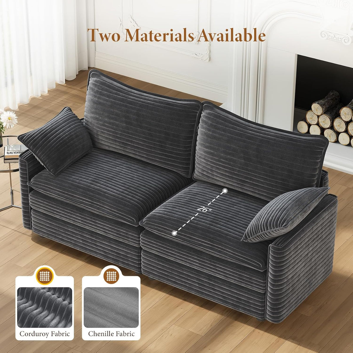 Vesgantti 74" Loveseat Sofa for Living Room, Comfy Cloud Couch Deep Seat Corduroy Modern 2 Seater Small Sofa with Armrest Pillow, Easy Assembly for Small Spaces, Gray