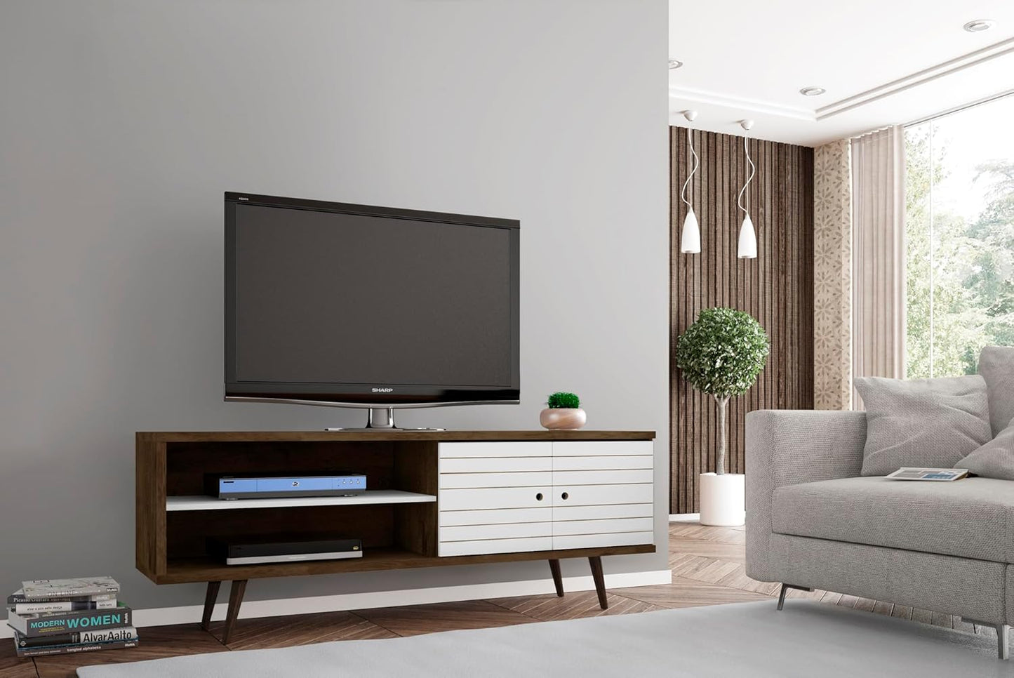 Manhattan Comfort Liberty Mid Century Modern TV Stand for Televisions up to 60 Inches, Bedroom and Living Room Entertainment Center with Storage, Shelves, and Cabinet, 63" Wide, Rustic Brown/White