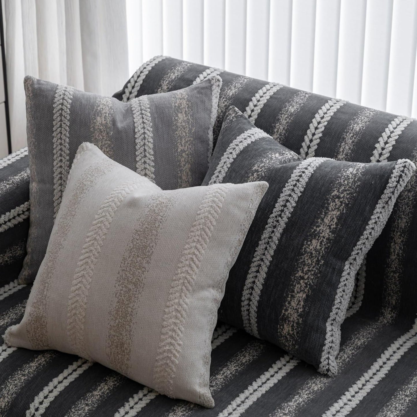 Pack of 1 Decorative Throw Pillow Covers 12x20 Inch, Pillow Cases for Living Room Couch Bedroom Farmhouse Home Decor, Soft Stripe Chenille Cushion Covers for Sofa Grey,20''x20''
